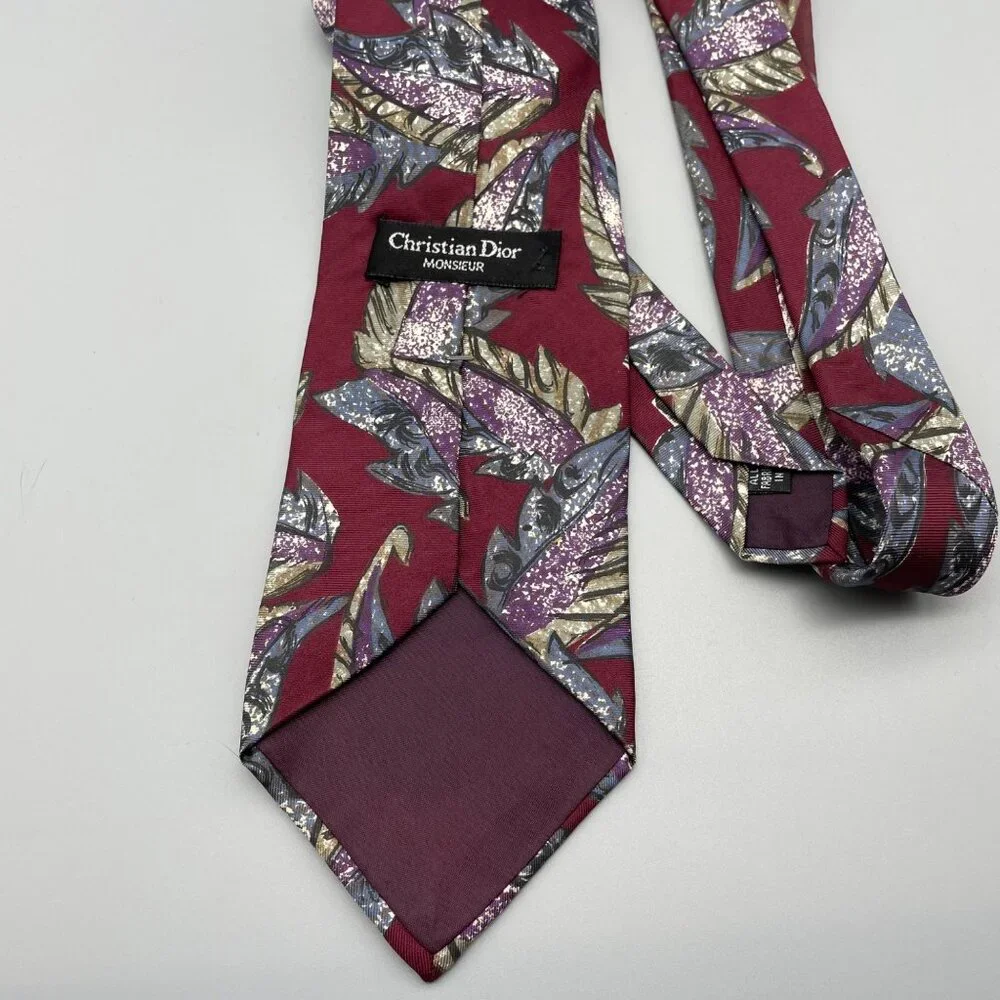 Vintage Christian Dior Red and Purple Palm Printed Silk Tie Made in Italy 80s 90